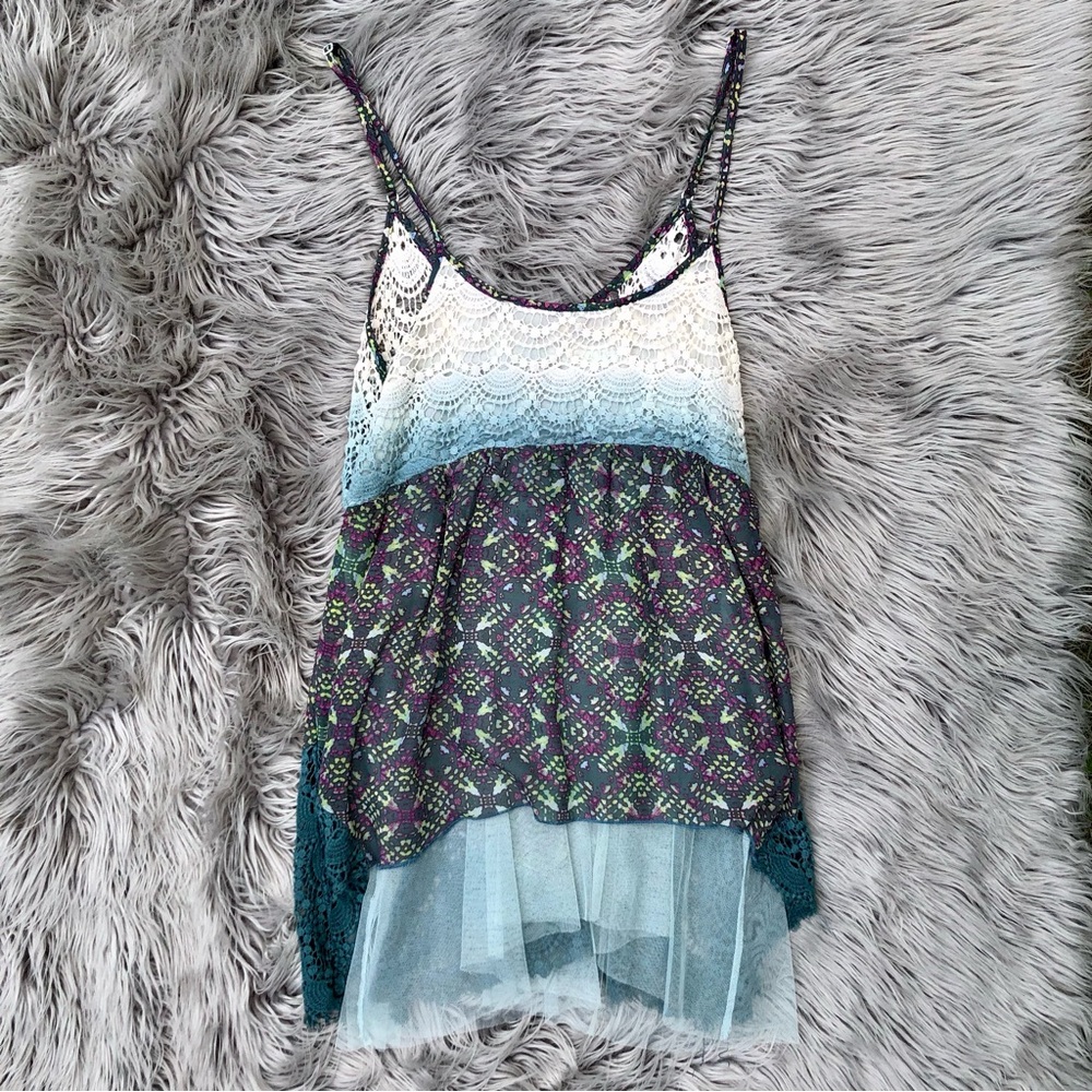 Mixed Media Sheer Fairy Grunge Print and Crochet Lace Slip Dress, Size Junior L - Picture 3 of 4